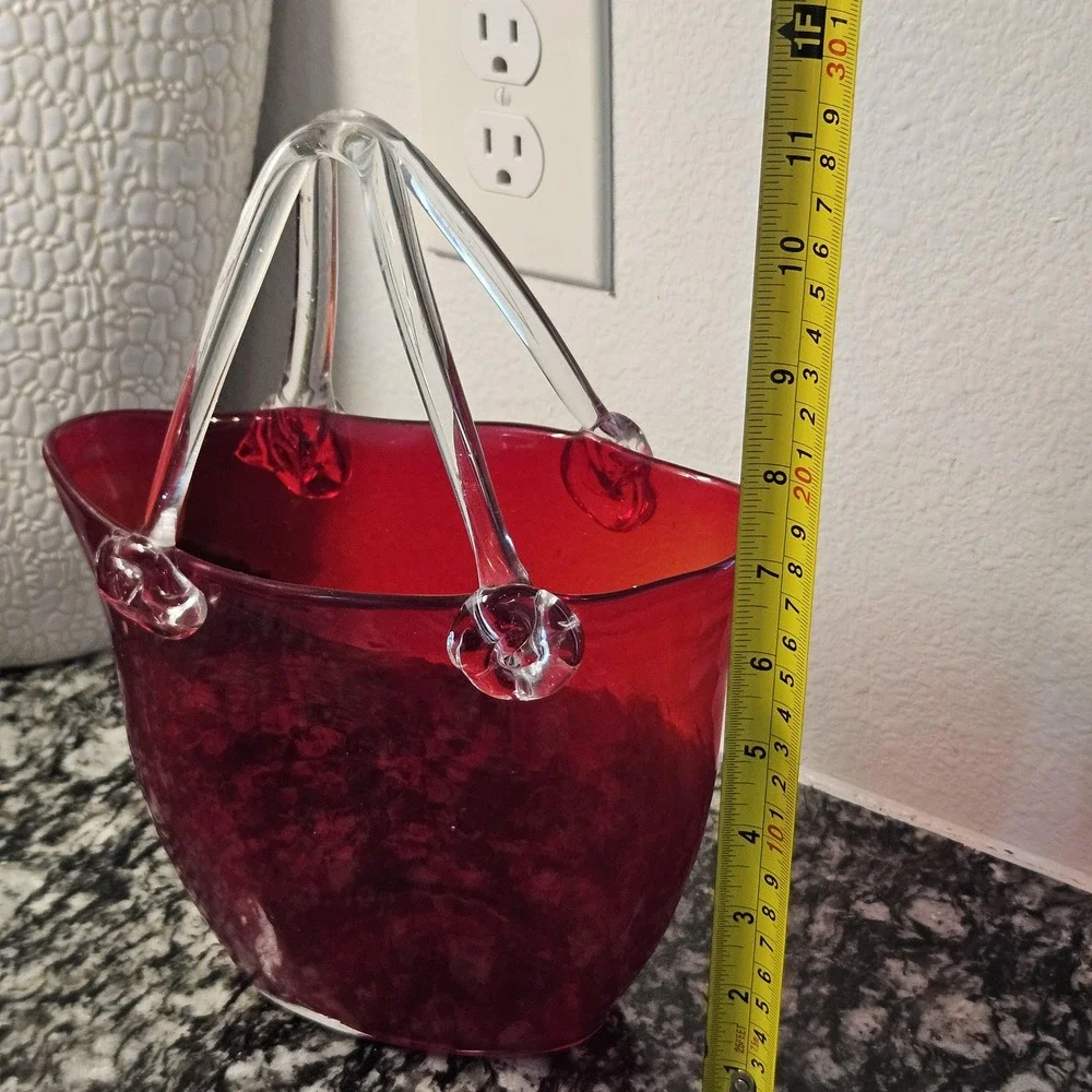 HandBlown Studio Art Glass Purse Vase Red Bag With Clear‎ Handles